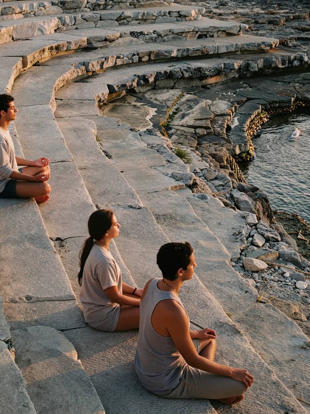 Círculo de meditación al atardecer en las rocas